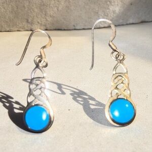 VINTAGE STERLING SILVER CELTIC EARRINGS WITH TURQUOISE STONE SIGNED JC